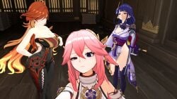 1girls 2futas 3d 3d_(artwork) about_to_be_raped ass big_breasts big_penis breasts exposing_chest futanari genshin_impact imminent_rape looking_at_another mavuika_(genshin_impact) penis penis_out pink_hair pulling_shirt_down purple_hair raiden_shogun red_hair runeiteer selfie thick_thighs unaware yae_miko