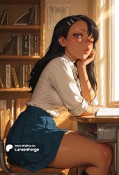 1girl 1girls ai_generated alternate_breast_size artist_name asymmetrical_bangs backlighting black_hair black_socks blue_skirt blurry blurry_background blush book bookshelf breasts brown_eyes brown_lips chair classroom closed_mouth collared_shirt crossed_legs curtains dark-skinned_female dark_skin day desk dress_shirt ear_piercing earclip earrings elbow_rest feet_out_of_frame from_side gumroad_username hair_behind_ear hair_ornament hairclip hand_on_own_cheek hand_on_own_face hayase_nagatoro head_rest hi_res indoors jewelry kneehighs large_breasts library light_particles light_rays lips long_hair long_sleeves looking_at_viewer looking_to_the_side lumenforge medium_breasts miniskirt nagatoro_hayase nose on_chair one_eye_closed open_book patreon_logo patreon_username pencil piercing please_don't_bully_me,_nagatoro pleated_skirt school_chair school_desk school_uniform shirt sidelighting sitting skirt sleeves_rolled_up socks solo stud_earrings sunbeam sunlight tan thick_thighs thighs twitter_logo watermark web_address white_shirt window