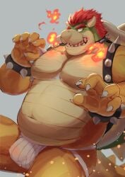 1boy 2_horns 5_fingers absurd_res barazoku biped bowser breath_powers claws clothing colored elemental_manipulation fingers fire fire_breathing fire_manipulation hi_res horn humanoid_hands huto_futon jockstrap koopa male male_only mario_(series) nintendo pecs red_hair reptile scalie solo underwear white_claws