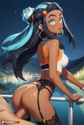 1boy 1boy1girl 1girls ai_generated anus aqua_eyes aqua_hair artist_name ass bare_shoulders belly_chain black_hair blue_eyes blue_eyeshadow blue_hair blush bottomless breasts crop_top dark-skinned_female dark_skin earrings eyeshadow game_freak garter_belt hair_bun hi_res hoop_earrings jewelry long_hair looking_at_viewer looking_back makeup medium_breasts multicolored_hair necklace nessa_(pokemon) night nintendo open_mouth outdoors patreon_username penis pokemon pokemon_(anime) pokemon_(game) pokemon_ss pussy rule34lab sex sex_from_behind single_hair_bun sky solo_focus sports_bra straight thighhighs two-tone_hair uncensored vaginal_penetration vaginal_penetration vaginal_sex web_address