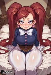 ai_generated aiba_manami bare_thighs boku_no_hero_academia gigantic_breasts huge_breasts huge_thighs la_brava_(my_hero_academia) light-skinned_female light_skin looking_at_viewer massive_breasts my_hero_academia pink_eyes red_hair shortstack shounen_jump smiling solo_female squatting sweat sweatdrop thick_body thick_female thick_thighs thighs twintails voluptuous voluptuous_female yashugai