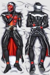 1boy armor armored_male arms_behind_back ass ass_focus asshole asshole_visible_through_clothes balls balls_visible_through_clothing bedding bedding_background belt bodysuit cape censor_bar censored censored_penis cloak cuffs dakimakura dakimakura_design ekrsa erect_penis erection facing_away handcuffed handcuffs hands_behind_back helmet hi_res kamen_rider kamen_rider_wizard kamen_rider_wizard_(series) looking_away lying lying_down male male_focus male_only mask masked masked_male on_back on_front on_stomach penis penis_out precum precum_drip red_armor ring rings solo