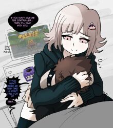 1boy 1girls big_breasts breast_smother breasts brown_hair clothed clothes clothing couple danganronpa danganronpa_(series) danganronpa_2:_goodbye_despair english_text female galaga gamecube gaming heels hinata_hajime male mosbles nanami_chiaki pac-man pac-man_(series) pac-man_world pac-man_world_2 pink_eyes pink_hair skirt smothering sweater television text tv wrapped