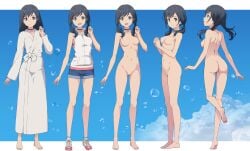 amano_hina_(tenki_no_ko) ass bare_shoulders black_choker breasts choker commentary_request completely_nude female full_body grey_eyes grey_hair highres hood hoodie long_hair multiple_views nanikairu navel no_nipples no_pussy nude revision robe shorts sleeveless sleeveless_hoodie small_breasts standing standing_on_one_leg tenki_no_ko twintails