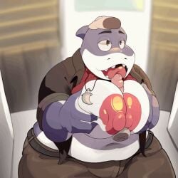 animated belly furry gif half-dressed hand_on_head licking_penis licking_tip male_only moobjob moobs mostly_clothed mr._shark_(the_bad_guys) overweight_male penis shark the_bad_guys