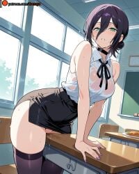 ai_generated at bare between black breasts bun chainsaw_man chair choker classroom eyes female food green hair highres humping in indoors juice legwear looking masturbation medium pussy reze_(chainsaw_man) ribbon self_upload shirt shorts shoulders skirt sleeveless solo sweat table thighhighs thighs tied trezuya tucked viewer wet white window