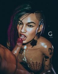 1boy 1girls 3d breasts cd_projekt_red cum cum_in_mouth cum_on_body cyberpunk_2077 female giorgio_rendering judy_alvarez male nipples oral oral_sex penis