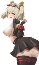1girls absurdres ai_generated black_jacket black_skirt black_thighhighs blonde_hair breasts burnice_white commentary eyewear_on_head female from_side hair_ornament highres jacket large_breasts looking_at_viewer nipples red_eyes short_hair simple_background skirt solo sunglasses tei_kaku thighhighs thighs twintails white_background zenless_zone_zero