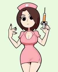 1girls black_eyes black_nails breasts brown_hair cleavage closed_mouth clothing dress female hands_up hat headwear holding holding_object holding_syringe large_breasts looking_at_viewer medium_hair mii mii_gunner_(smash_ultimate) nail_polish nintendo nurse nurse_cap parted_bangs pink_dress pink_headwear scottfalco_(artist) short_dress short_hair short_sleeves solo standing super_smash_bros. syringe