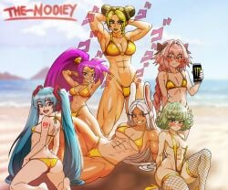1boy 5girls 69_(number) abs ass astolfo_(fate) beach blush breasts cameltoe fate_(series) female femboy fishnets golden_week golden_week_bikini hatsune_miku jojo's_bizarre_adventure jolyne_kujo looking_at_viewer male menacing menacing_(jojo) menacing_(meme) miruko monster_energy muscular muscular_female my_hero_academia ocean one-punch_man outside rumi_usagiyama sea shantae shantae_(character) shounen_jump sling_bikini stone_ocean tatsumaki the-modiey thick_thighs vocaloid