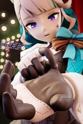 3d blonde_hair cat_ears cat_tail catgirl clothed clothing_entrapment genshin_impact giantess glove_entrapment gloves larger_female lynette_(genshin_impact) lyney_(genshin_impact) macro macrotrewy micro part_1 purple_eyes siblings smaller_male speaking text trapped_in_clothing