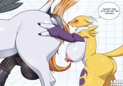 absurd_res animal_genitalia animal_penis anthro anus areola ass balls bandai_namco big_anus biped blush bodily_fluids breasts closed_eyes clothed clothing dialogue digimon digimon_(species) duo english_text equine_genitalia equine_penis female feral genitals glistening glistening_breasts glistening_butt glistening_thighs hi_res huge_anus hyper hyper_anus lollipopcon male multicolored_body nipples penis puffy_anus quadruped renamon side_view speech_bubble sweat sweaty_breasts sweaty_butt sweaty_legs sweaty_thighs text thick_thighs unimon