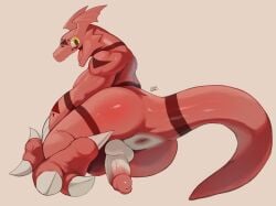 3_toes 4:3 anthro anus arm_markings ass back_markings balls bandai_namco biped black_markings claw_fingers digimon digimon_(species) erection facial_markings feet genitals glans glistening glistening_butt glistening_genitalia glistening_penis glistening_tail guilmon head_markings hi_res humanoid_genitalia humanoid_penis katabreak leg_markings looking_at_viewer lying male male_anthro markings multicolored_body multicolored_penis multicolored_scales nude nude_anthro nude_male on_side open_mouth open_smile penis pink_glans pink_penis red_body red_ears red_scales red_tail scales scalie sharp_teeth simple_background smile solo tail tail_markings teeth thigh_markings toes tongue_showing two_tone_penis vein veiny_penis white_balls white_body white_penis white_scales yellow_eyes