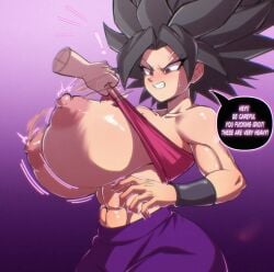 1girls abs annoyed big_areola big_nipples black_hair bouncing_breasts breasts breasts_bigger_than_head caulifla dragon_ball dragon_ball_super floating_hand huge_ass huge_breasts massive_breasts muscular_female pink_nipples spiky_hair topless