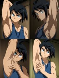 ai_art ai_assisted ai_generated armpit armpit_fetish armpit_focus armpit_sweat blue_tank_top collage fetish gay gundam_tekketsu_no_orphans male male_only mikazuki_augus showing_armpit showing_armpits solo_male sweat sweatdrop sweating sweaty