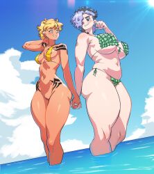 2girls areola_slip big_breasts bikini bikini_top_only black_hair blonde_hair blush bottomless breasts dark-skinned_female dark_skin earrings eyebrow_piercing female female_only frilled_bikini frills green_eyes grin hair_over_one_eye hand_holding hi_res jagua_tales kiara_diaz large_thighs legs_in_water light-skinned_female light_skin looking_at_each_other mesiasart nipple_bulge purple_hair pussy sea short_hair slightly_chubby smiling smiling_at_each_other tania_serrata tattoo tattoos thick_ass thick_thighs two_tone_hair wide_hips