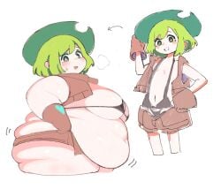 1girls b45ui before_and_after belly belly_overhang bikini breast_expansion breasts caloreload cowboy_hat fat female female_focus female_only gloves green_eyes green_hair hat hips large_breasts obese overweight overweight_female short_shorts shorts skinny skinny_girl slim_to_fat stomach thick_thighs thighs vest weight_gain wide_hips