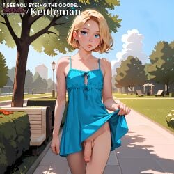 ai_generated big_penis blonde_hair blue_dress blue_eyes cute cute_face delicate dress dress_lift femboy feminine feminine_male flaccid flaccid_penis flirting flirty foreskin kettleman large_penis lifting_dress lifting_skirt outdoors outside park petite public_exposure seductive sexy sissy slender_waist slim_waist summer_dress trap twink uncircumcised uncut