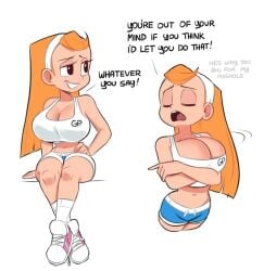 1girls ass breasts curvy english_text female goldie_platz grin hourglass_figure large_breasts leotard long_hair orange_hair original original_character shoes simple_background sitting smile squidapple