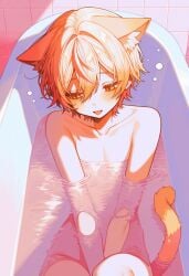 1boy bath bathing bathroom bathtub boy cat_ears cat_tail furry furry_only looking_back male male_only naked naked_male project_sekai shy solo solo_focus solo_male tenma_tsukasa tongue tongue_out water