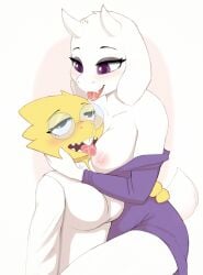 2023 alphys anthro big_breasts bodily_fluids boss_monster_(undertale) bovid breasts buckteeth caprine clothed clothing coat drooling duo eyewear female female/female fur glasses goat hi_res horn kobradraws lab_coat lizard mammal mature_female nipples partially_clothed purple_eyes reptile round_glasses saliva saliva_on_tongue scales scalie smile teeth tongue tongue_out topwear toriel undertale undertale_(series) white_body white_fur yellow_body yellow_scales yuri