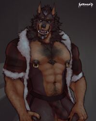 abs acidwuff anthro arm_hair barazoku black_hair black_nipples body_hair brown_body brown_fur bulge canid canine cheek_tuft chest_hair clothed clothing detailed_bulge erection erection_under_clothing facial_piercing facial_tuft fangs front_view fur hair happy_trail hi_res male mammal multiple_piercings muscular muscular_anthro muscular_male navel neck_tuft nipple_piercing nipples nose_piercing open_clothing open_mouth open_topwear orange_body orange_fur pecs piercing portrait red_clothing red_topwear red_underwear septum_piercing short_hair simple_background solo standing teeth three-quarter_portrait topwear tuft underwear