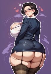 ai_generated angry_expression back_view backboob bare_thighs big_ass big_butt black_hair blush brown_eyes fat_ass garter_belt gigantic_ass gigantic_breasts glasses huge_breasts huge_thighs light-skinned_female light_skin looking_back massive_ass massive_breasts mature_female milf office_lady original original_character short_hair solo_female squatting sweat sweatdrop thick_body thick_female thick_thighs thighs voluptuous voluptuous_female yashugai