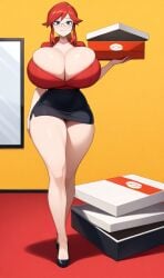 ai_generated cleavage gigantic_breasts glasses huge_breasts lorelei_(pokemon) pizza pokemon red_hair thick_thighs