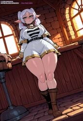 1girl ai_generated belt blush boots breasts brown_footwear curvy dress dutch_angle elf frieren frieren_beyond_journey's_end full_body green_eyes indoors jewelry large_breasts long_hair looking_at_viewer pointy_ears short_dress shortstack sofaxd3x solo sousou_no_frieren standing thick_thighs thighs twintails watermark white_dress white_hair wide_hips window