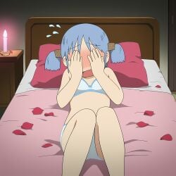 ai_generated aizumanga blue_hair blush bra covering_face embarrassed lying lying_on_back naganohara_mio nichijou on_bed panties romantic romantic_ambiance rose_petals tagme