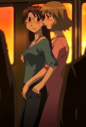 age_difference ai_generated aizumanga azumanga_daiou chikan female female_pervert forced_yuri grabbing_another's_breast groping groping_from_behind koyomi_mizuhara molestation older_female_and_younger_female public public_indecency sunset train train_interior yuri