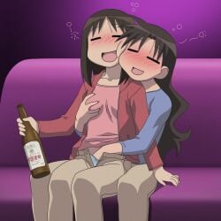 :d ai_generated aizumanga alcoholic_drink azumanga_daiou blush closed_eyes drunk drunk_bubble drunk_female foreplay grabbing_another's_breast groping groping_from_behind hand_in_another's_panties hand_in_panties imminent_sex molestation nightclub open_mouth osaka_ayumu_kasuga sitting yukari_tanizaki yuri yuri