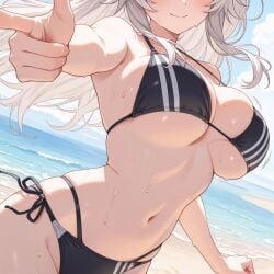 2025 ai_generated beach belly black_bikini hololive instagram looking_at_viewer meta mouth_closed not_porn orange_cheeks sexy.ai shishiro_botan smile_at_viewer smiling_at_viewer ten01c tummy unknown_character wet_bikini wet_body wet_skin white_hair_female white_lines