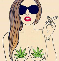 blunt covered_nipples female leaves marijuana naked nude peace_symbol peace_symbol_tattoo sunglasses tattoo upper_body