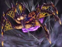 black_sclera covered_nipples covered_pussy detailed_background glowing glowing_body glowing_eyes large_breasts leoneluran purple_hair scar scary spider_girl spider_web tessa_atelier yellow_eyes