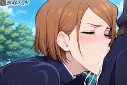 ai_generated balls_deep bl4ck_ai cum_drip cum_in_mouth cum_on_face deepthroat fellatio from_side kugisaki_nobara nobara_kugisaki