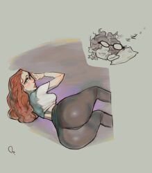 1boy 1girls 2024 ass ass_focus big_ass blue_eyes breasts clothed clothed_female crop_top extinctyellow eyelashes female female_focus floating_hands floating_head glasses_on_head leggings looking_at_viewer looking_back lying male pale-skinned_female pale_skin pillow red_hair sleeping solo_focus thick_ass watermark