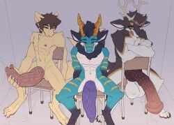 absurd_res amphyr_(kyzermutt) animal_genitalia animal_penis anthro antlers athletic athletic_anthro athletic_male balls bedroom_eyes big_balls big_penis canid canine chair deer dragon equine_genitalia equine_penis erection fur furniture furred_dragon furred_scalie genitals group half-erect hi_res horn huge_cock hybrid hybrid_genitalia hybrid_penis hyper hyper_genitalia hyper_penis knot knotted_equine_penis knotted_penis kyzermutt looking_at_viewer male mammal masturbation mythological_creature mythological_scalie mythology narrowed_eyes nipples penis scalie seductive spread_legs spreading tapering_penis tongue tongue_out trio unit_04 unit_no04 vein veiny_penis