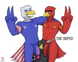 5:4 9th_of_may accipitrid accipitriform american_flag armband avian avioylin balls beak bird blue_body blue_eyes dominant dominant_male eagle foreskin genitals germany grey_body group hand_on_shoulder long_penis male male/male muscular muscular_male nazi_armband neutral_expression nude peace_symbol penis penis_on_face politics red_body russia russian simple_background smile soviet_flag soviet_union standing submissive submissive_male text trio united_states_of_america vein veiny_penis white_background world_war_2 yellow_beak