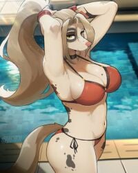 00niine 2024 4:5 anthro arms_above_head big_ass big_breasts bikini blonde_hair breasts canid canine canis choker cleavage clothed clothing collarbone domestic_dog eye_spot eyebrows eyelashes female fur glistening glistening_breasts hair hi_res jewelry mammal meta navel necklace red_bikini red_clothing red_swimwear side-tie_bikini solo string_bikini swimwear tan_body tan_fur thong tommi_(dndtinel) two-piece_swimsuit tying_hair underwear wristband yellow_eyes