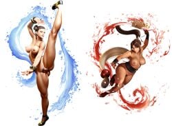 ai_generated chun-li fatal_fury female female_only female_pubic_hair large_breasts mai_shiranui nude_female pussy shoes_only splits spread_legs street_fighter street_fighter_6