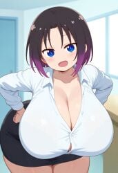 ai_generated black_hair blue_eyes elma_(dragon_maid) huge_breasts miss_kobayashi's_dragon_maid office_lady thick_thighs two_tone_hair