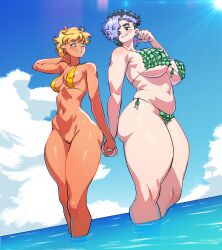 2girls areola_slip big_breasts bikini bikini_top_only black_hair blonde_hair blush bottomless breasts dark-skinned_female dark_skin earrings eyebrow_piercing female female_only frilled_bikini frills green_eyes grin hair_over_one_eye hand_holding hi_res jagua_tales kiara_diaz large_thighs legs_in_water light-skinned_female light_skin looking_at_each_other mesiasart nipple_bulge purple_hair pussy sea short_hair slightly_chubby smiling smiling_at_each_other tania_serrata thick_ass thick_thighs two_tone_hair wide_hips