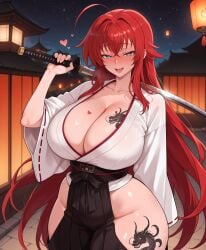 :d ahoge ai_generated bangs blue_eyes blush breasts cleavage collarbone curvaceous curvaceous_body curvy curvy_body curvy_female female hair_between_eyes heart high_school_dxd holding_sword holding_weapon japanese_clothes katana long_hair looking_at_viewer night night_sky open_mouth pubic_tattoo red_hair rias_gremory scinna self_upload sky smile solo stable_diffusion star_(sky) starry_sky sword tattoo thighs tongue very_long_hair voluptuous voluptuous_body voluptuous_female weapon