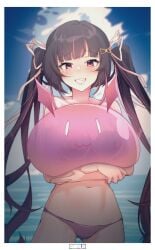 :3 absurdres bikini bikini_bottom_only black_hair blue_sky blush border breasts commentary commission covered_nipples english_commentary fan_mascot_(vtuber) fan_mascot_focus_(vtuber) female grin hair_ornament hair_ribbon hairclip highres himemiya_rie long_hair looking_at_viewer medium_breasts mole mole_under_eye multicolored_hair oerba_yun_fang outdoors pafu_(hime) phase_connect pink_hair pink_ribbon red_eyes ribbon second-party_source sky smile solo streaked_hair swimsuit tilt-shift_(azalanz) twintails virtual_youtuber white_border