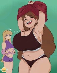 2girls_1boy blonde_hair blunt_bangs braces breast_envy brown_eyes brown_hair gravity_falls green_background huge_breasts long_hair mabel_pines medium_breasts pacifica_northwest simple_background sports_bra surprised thebigsweety underdressing undressing