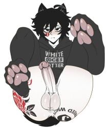 black_hair blush bro_aniki cat_ears catboy doomer_boy femboy feminine_male male_only paw_socks queen_of_hearts raceplay solo_male tatoos third-party_edit wojak_comics