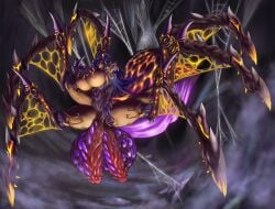 balls black_sclera claws detailed_background diphallism futa_only futanari glowing glowing_body glowing_eyes hyper_balls hyper_penis large_breasts leoneluran long_hair monster monster_cock monster_girl nipples oversized_balls purple_hair scar scary sole_futa spider_girl spider_web tessa_atelier yellow_eyes