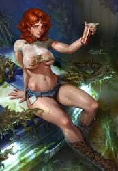 beer blue_eyes blush cowboy_boots lerapi looking_at_viewer red_hair shorts tight_clothing