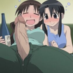 :> ai_generated aizumanga alcoholic_drink azumanga_daiou blush closed_eyes clothed excited excited_female futanari imminent_sex intersex nyamo_minamo_kurosawa penis_out reclining sitting sleeping sofa tagme yukari_tanizaki zipper_down